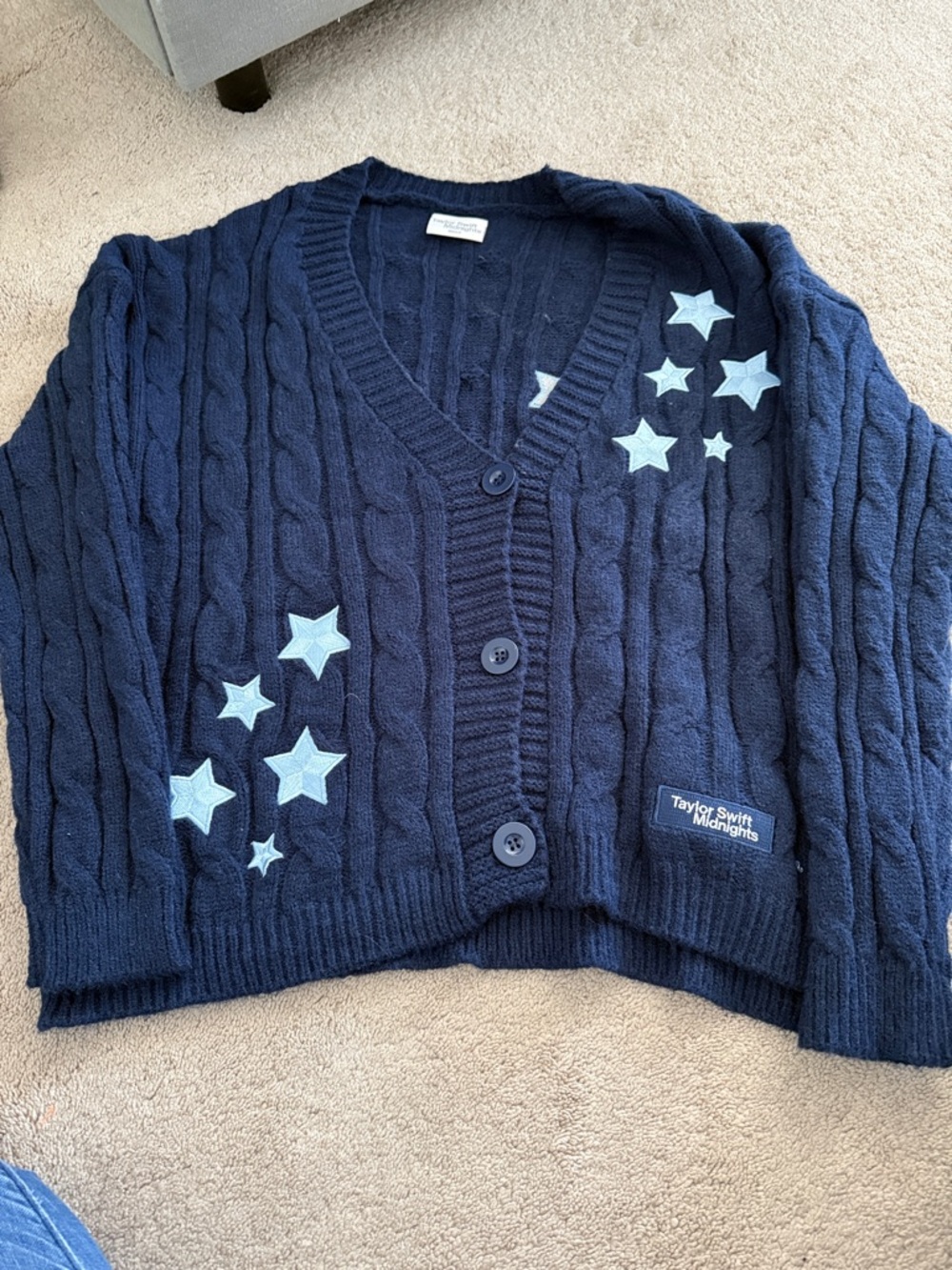 Taylor Swift Navy Blue Cable Knit Cardigan with Light Blue Star Appliques